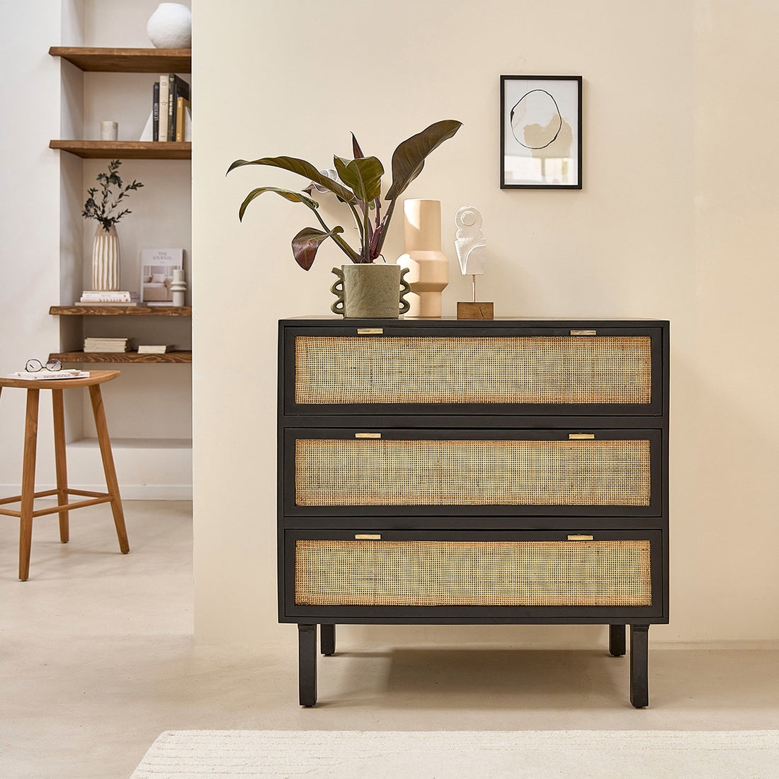 BLAISE - Cómoda de mango macizo y rejilla negra de 90 cm