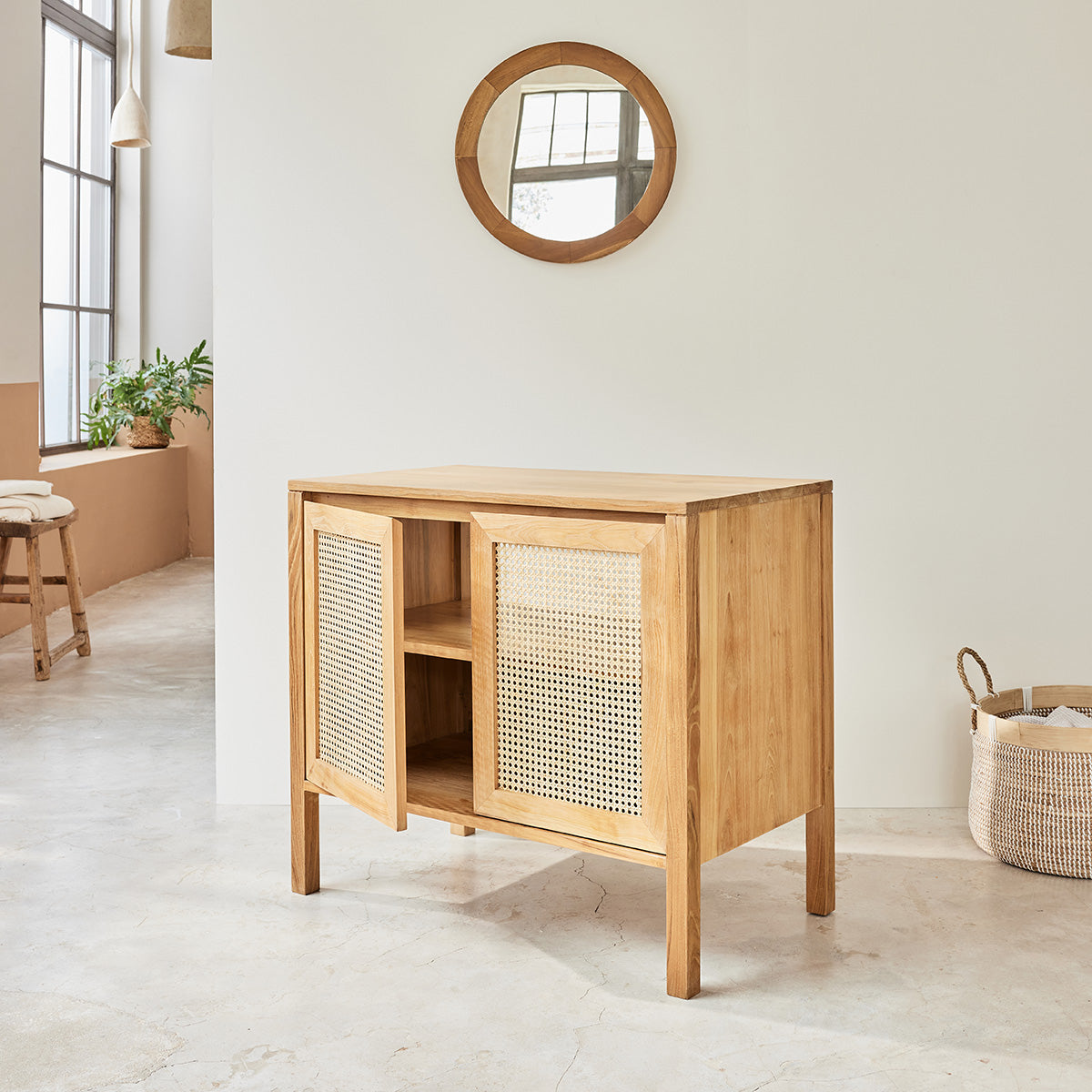 ELIOTT - Mueble de lavabo de teca maciza y rejilla 90 cm