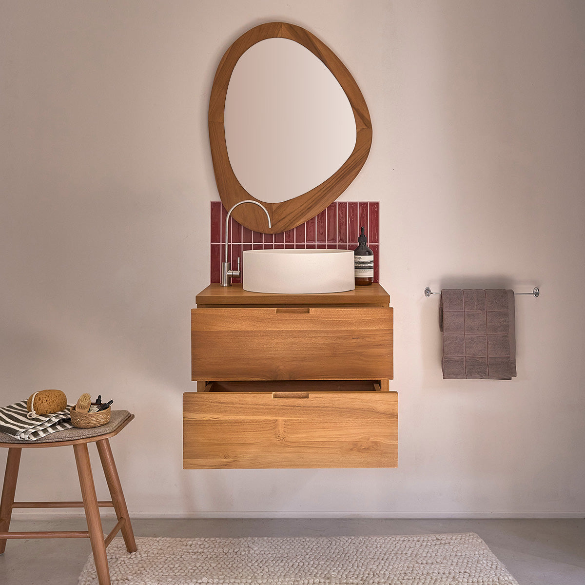 MAË - Mueble bajo lavabo suspendido de teca maciza de 60 cm