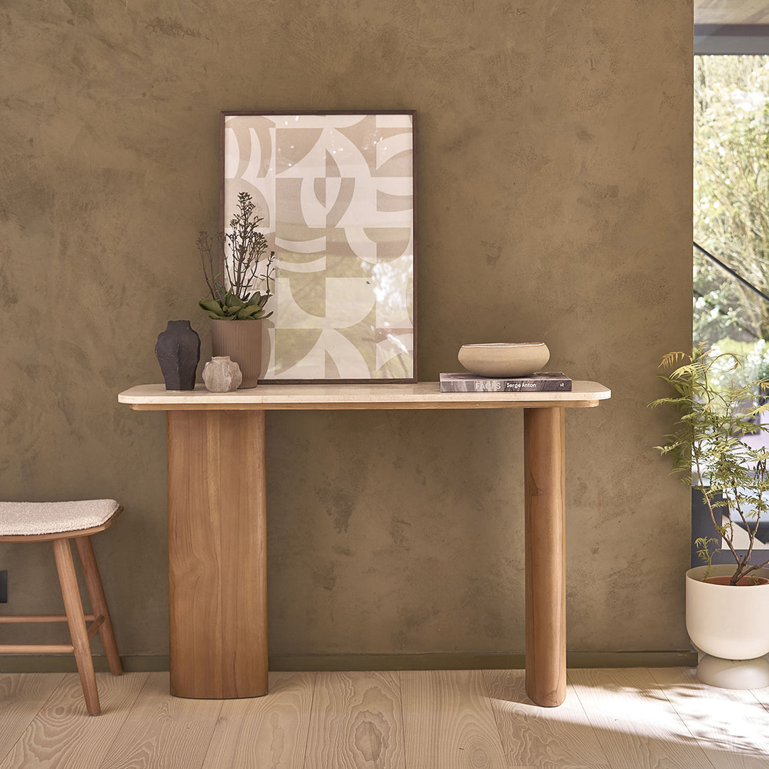 CALMA - Consola de teca maciza y mármol 120 cm