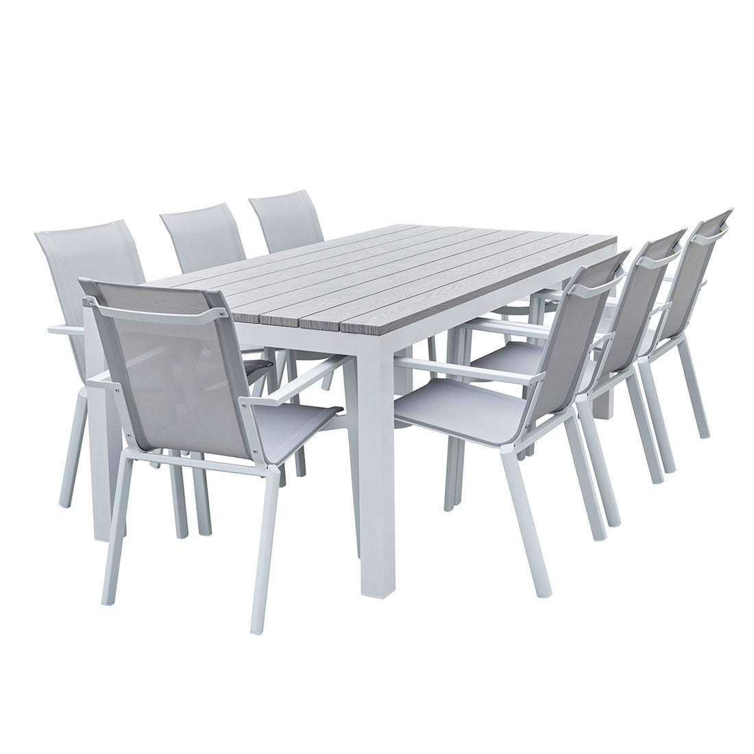 TAMPA - Salón de exterior de aluminio blanco y textileno gris para 8 pers.