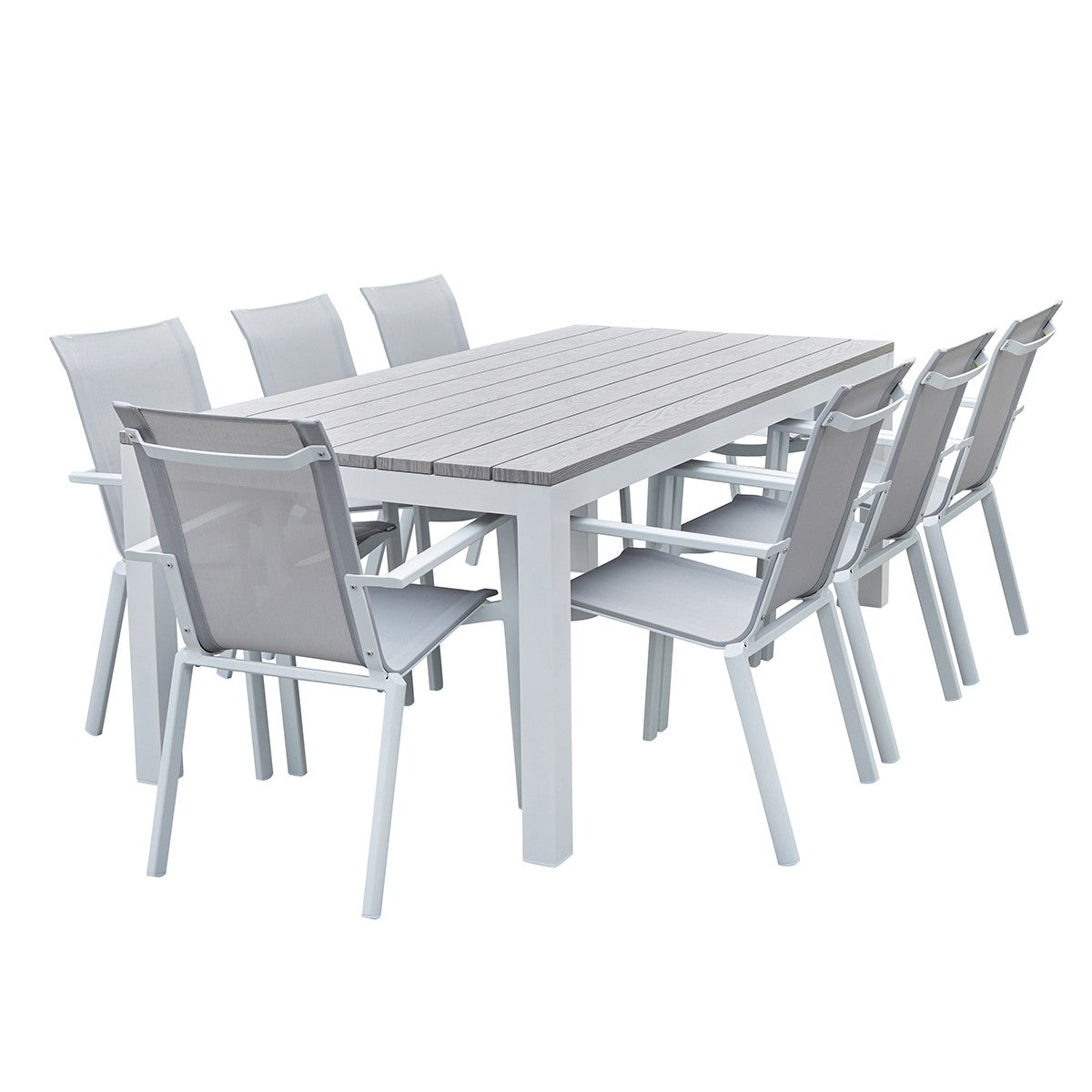 TAMPA - Salón de exterior de aluminio blanco y textileno gris para 8 pers.