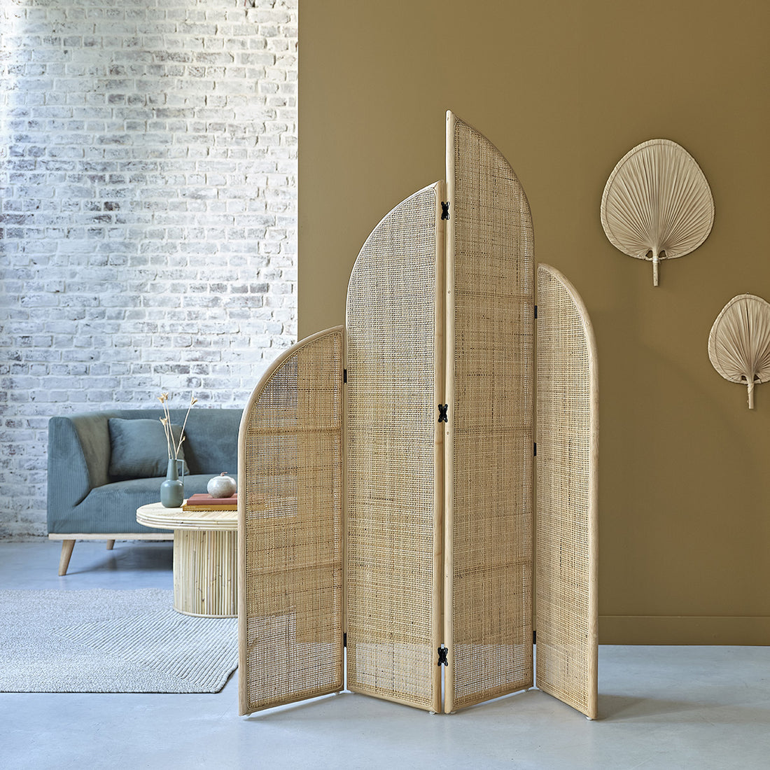 JANE - Biombo de ratán y rejilla 4 paneles