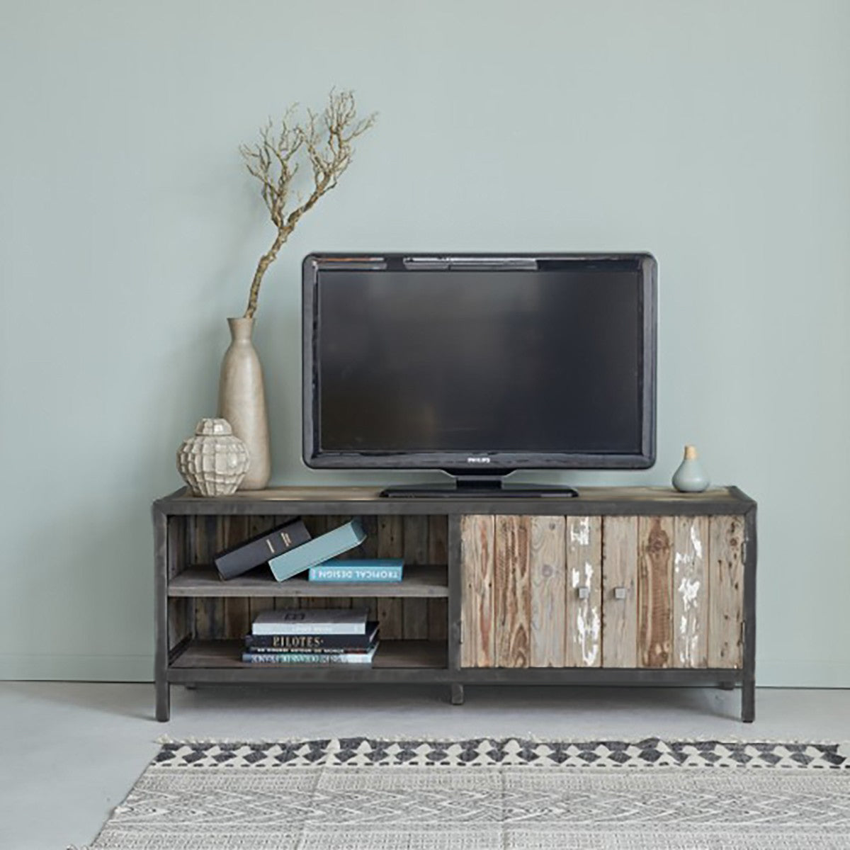 INDUS - Mueble de TV de madera maciza reciclada y metal 150 cm