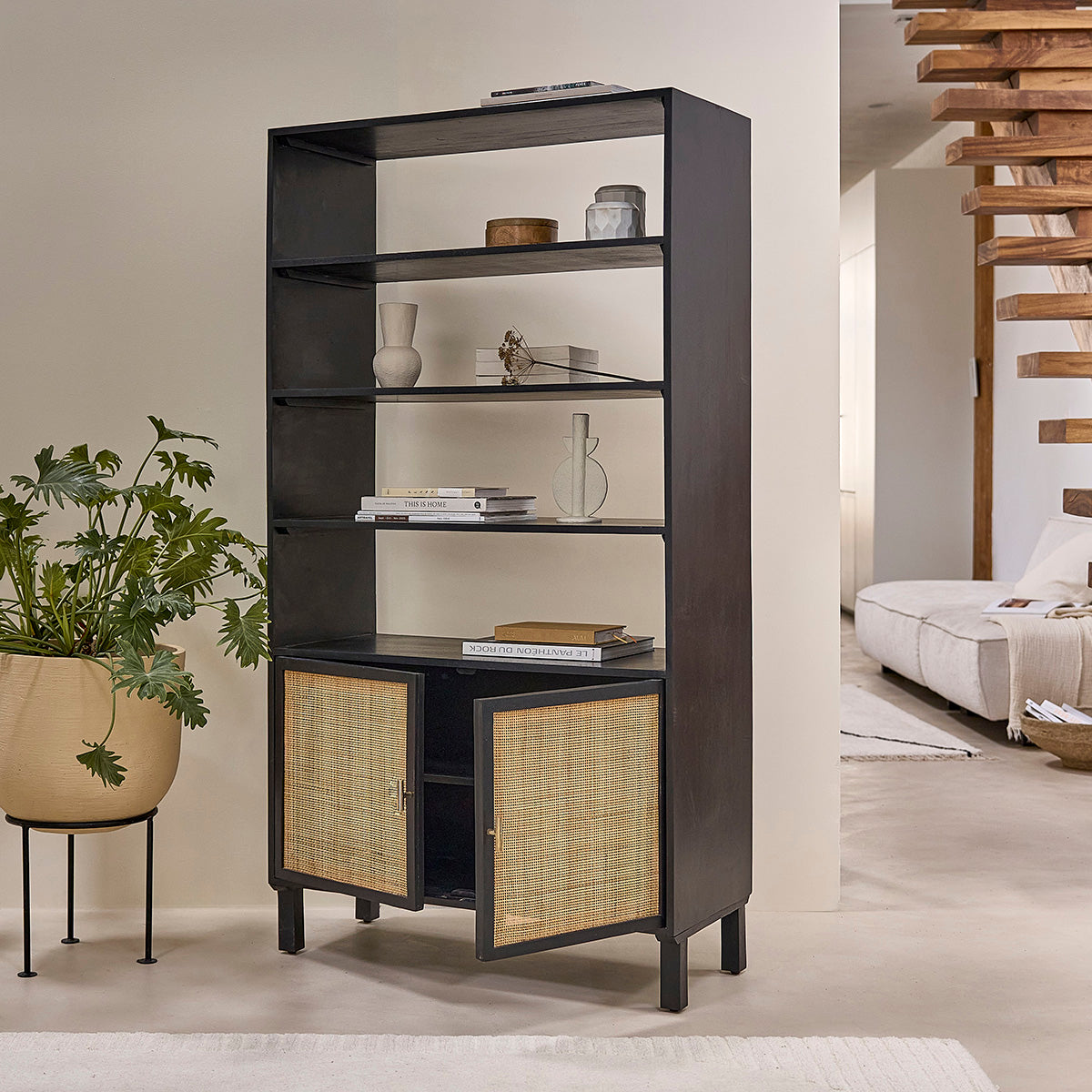 BLAISE - Librería de mango macizo negro y rejilla de 170 cm