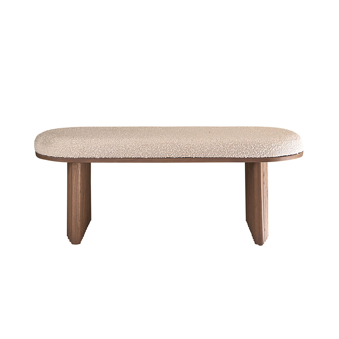 MARLOW - Banco de mindi macizo acabado nogal con tela bouclette 120 cm