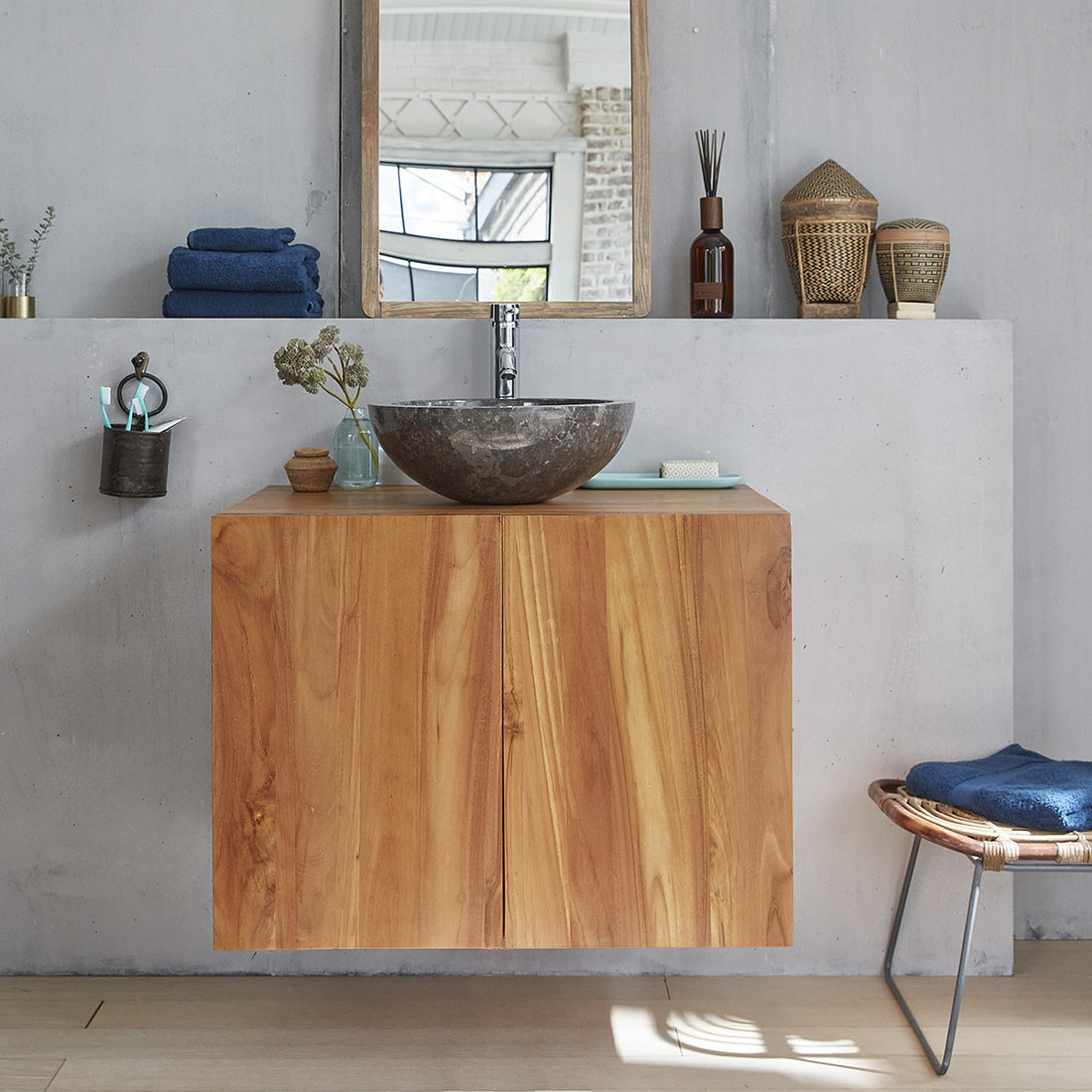 MAË - Mueble de lavabo de teca maciza suspendido 80 cm