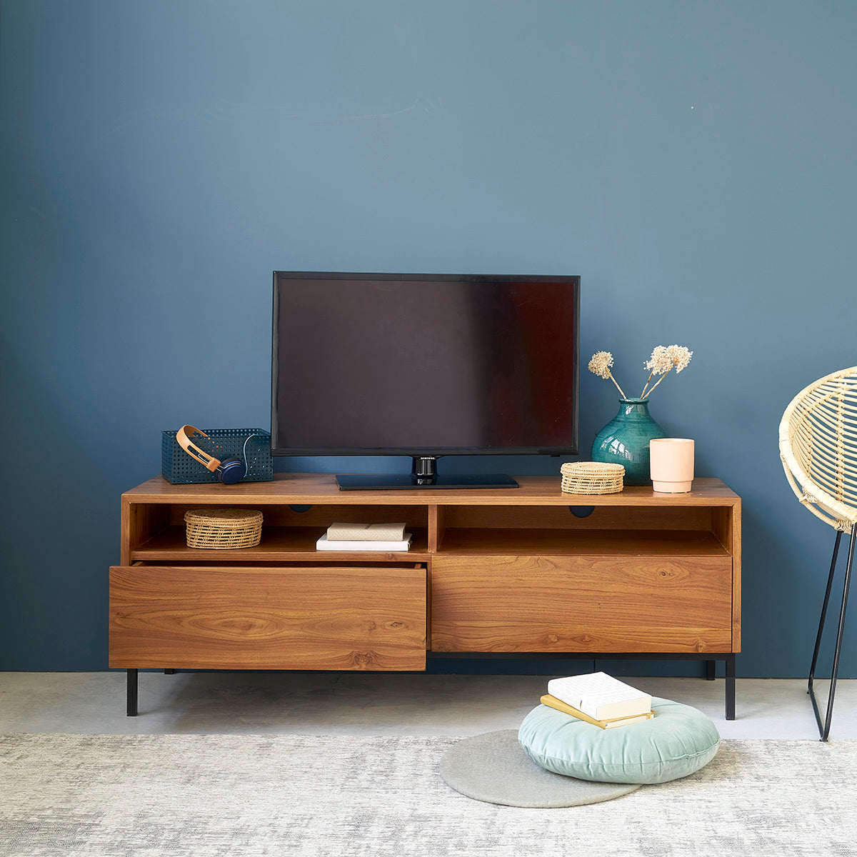 LINA - Mueble de TV de teca maciza y metal 140 cm