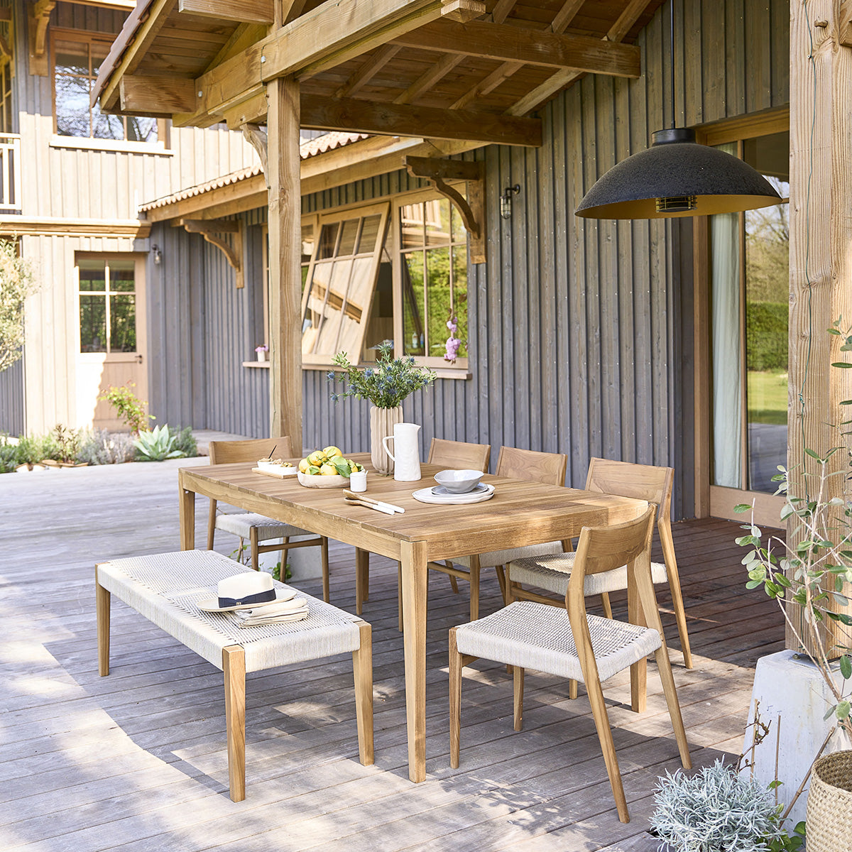 LIVIE - Sillón de jardín de teca maciza y cuerda beige