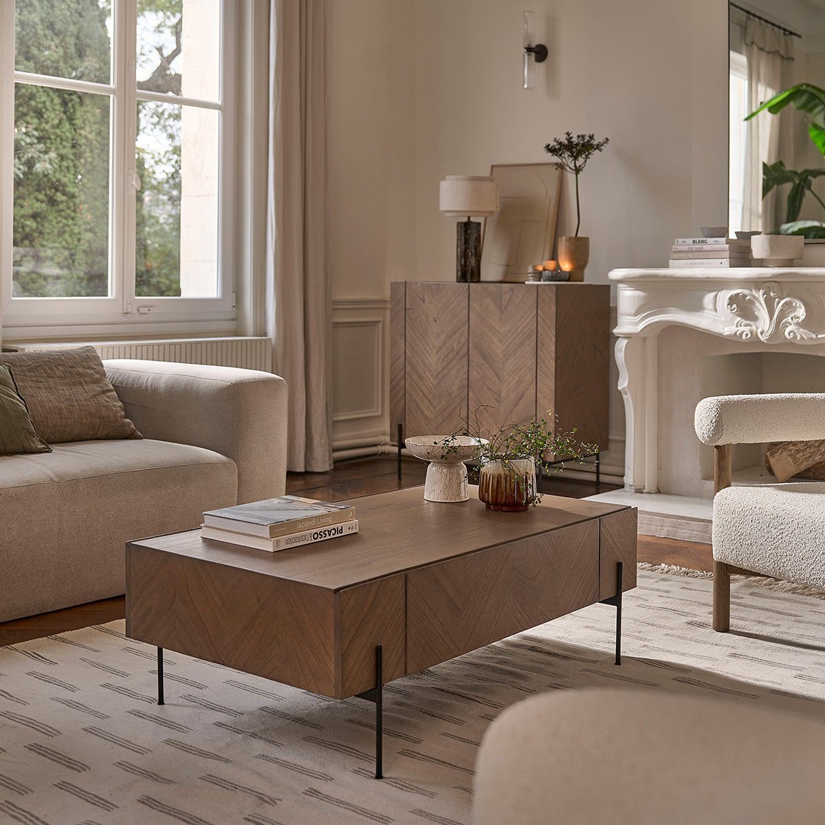 CALIX - Mesa de centro de mindi macizo y metal acabado nogal 120 cm