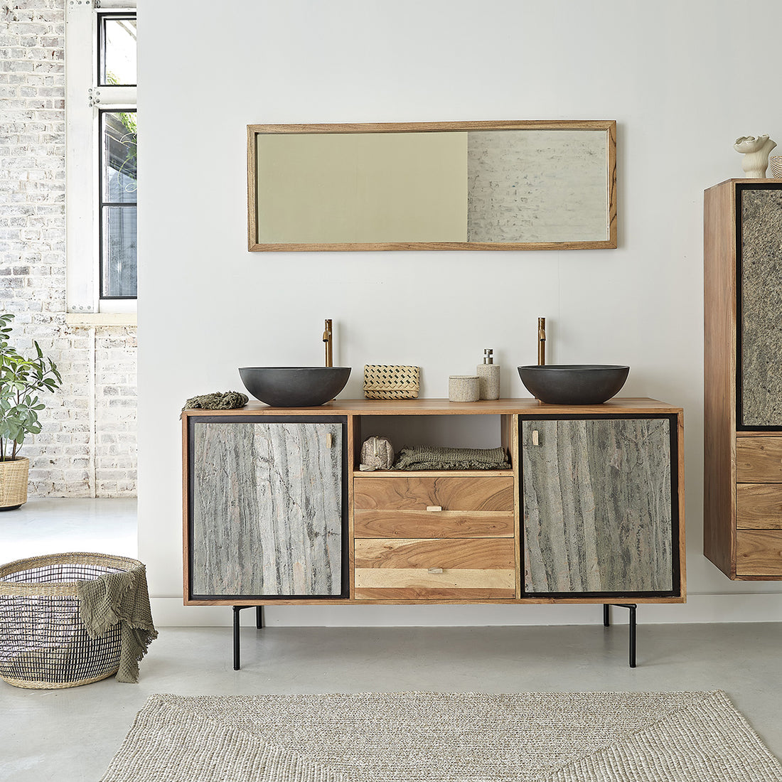 EDEN ROCK - Mueble para lavabo de acacia maciza y piedra de 155 cm