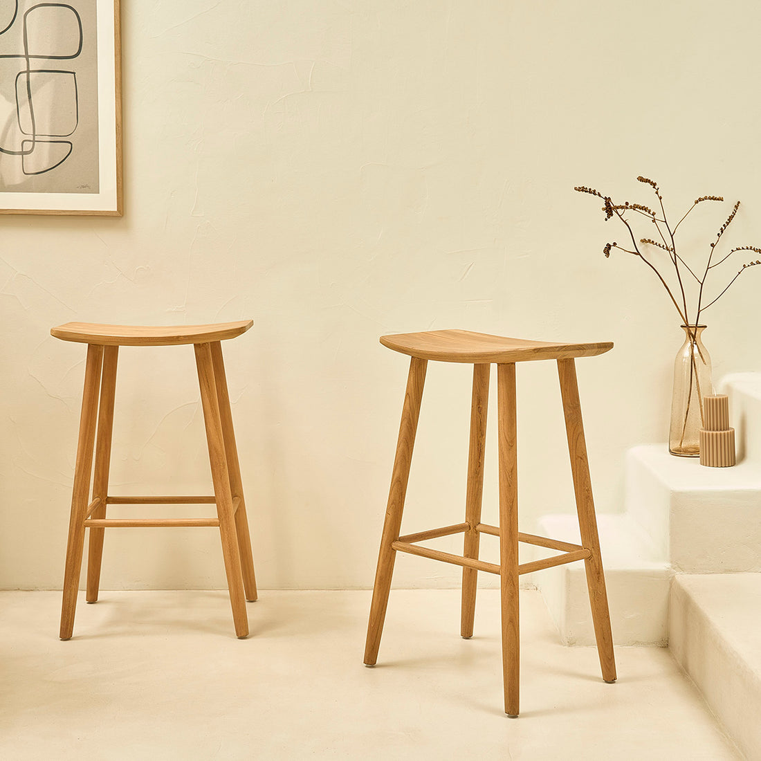 AMBRE - Juego de 2 taburetes de teca maciza de 75 cm