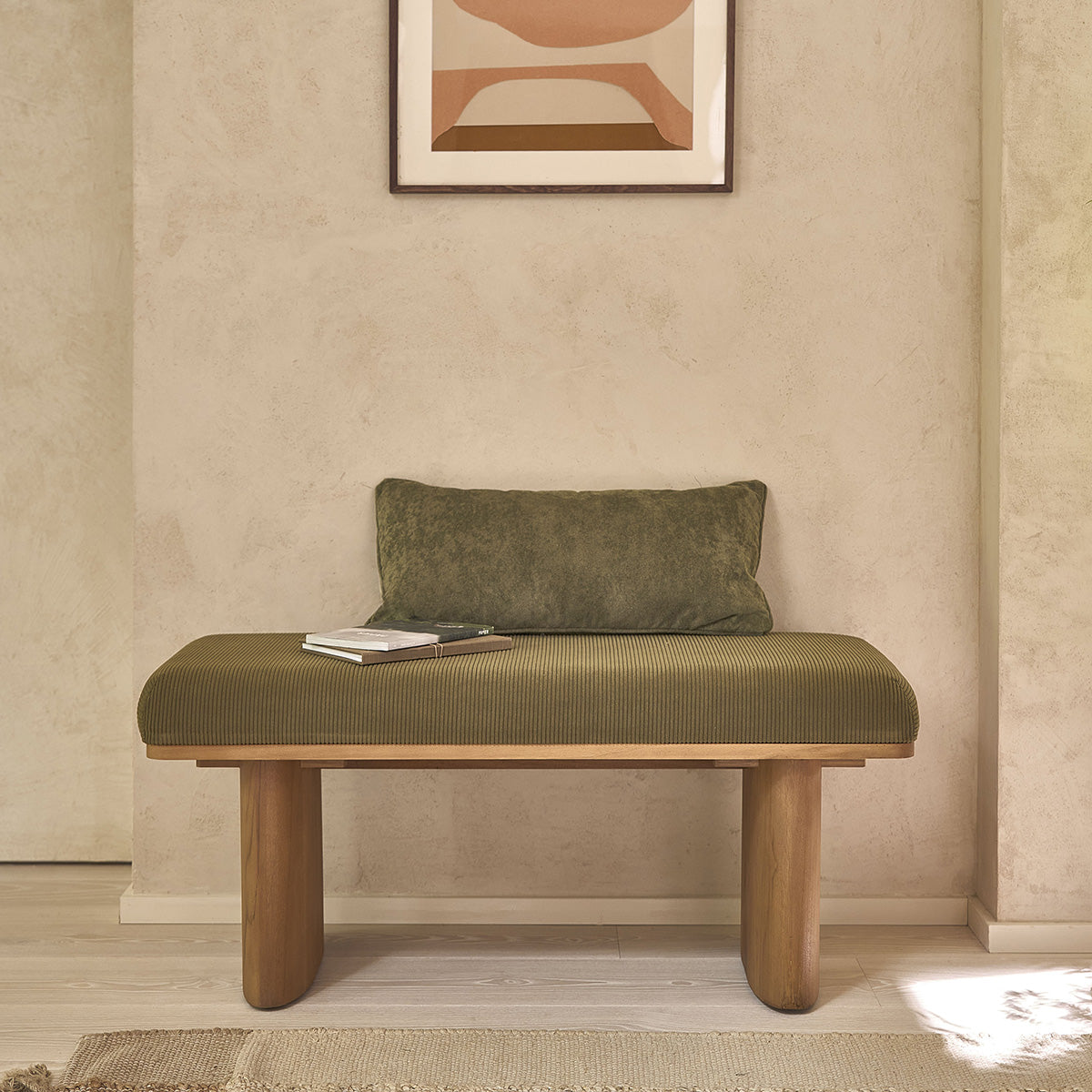 AMBRE - Banco de teca maciza y terciopelo acanalado verde 100 cm