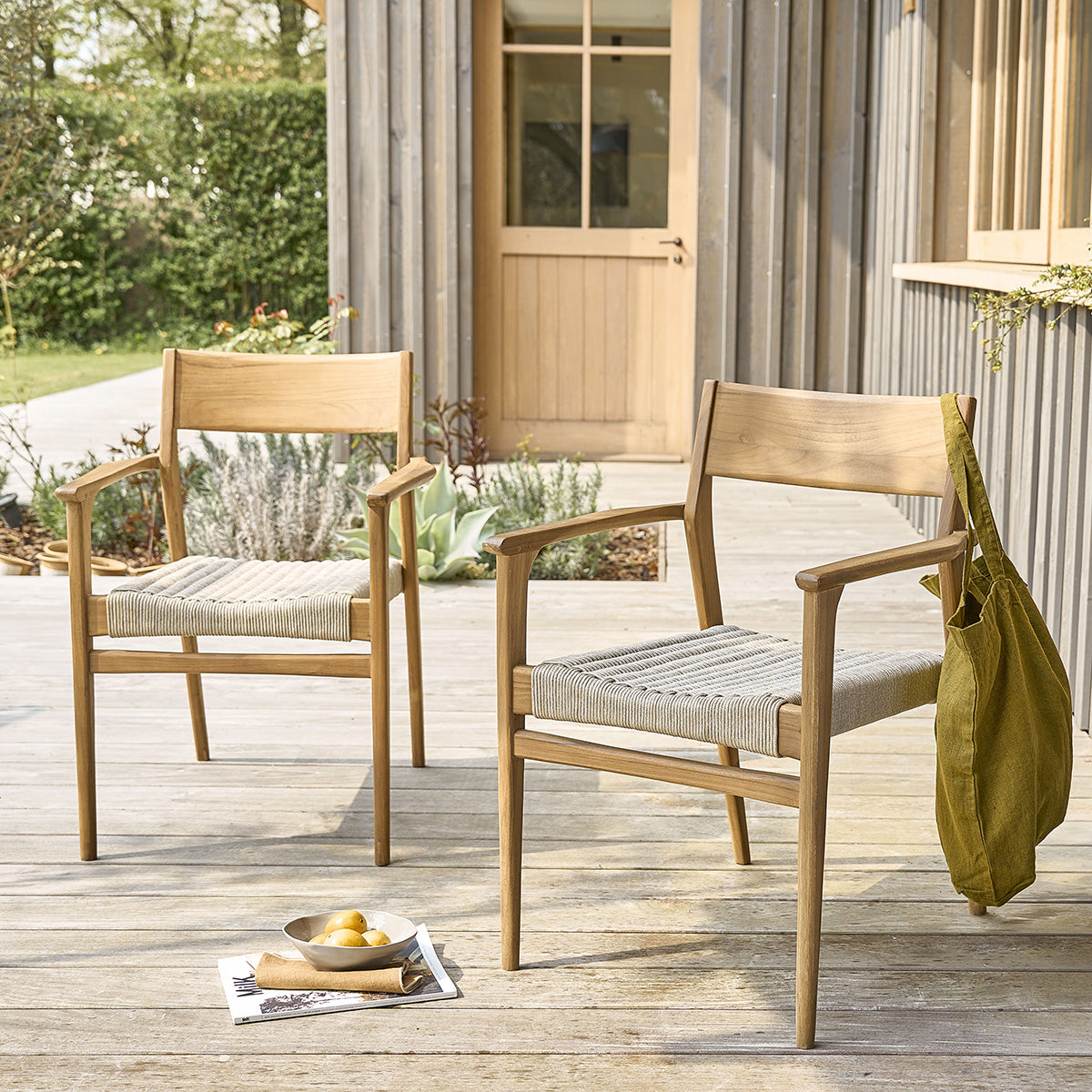 LIVIE - Sillón de jardín de teca maciza y cuerda beige (lote de 2)