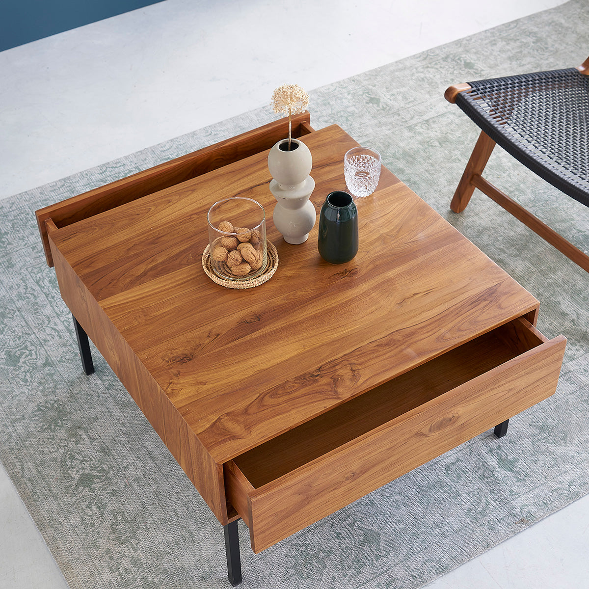 LINA - Mesa de centro de teca maciza y metal 70 cm