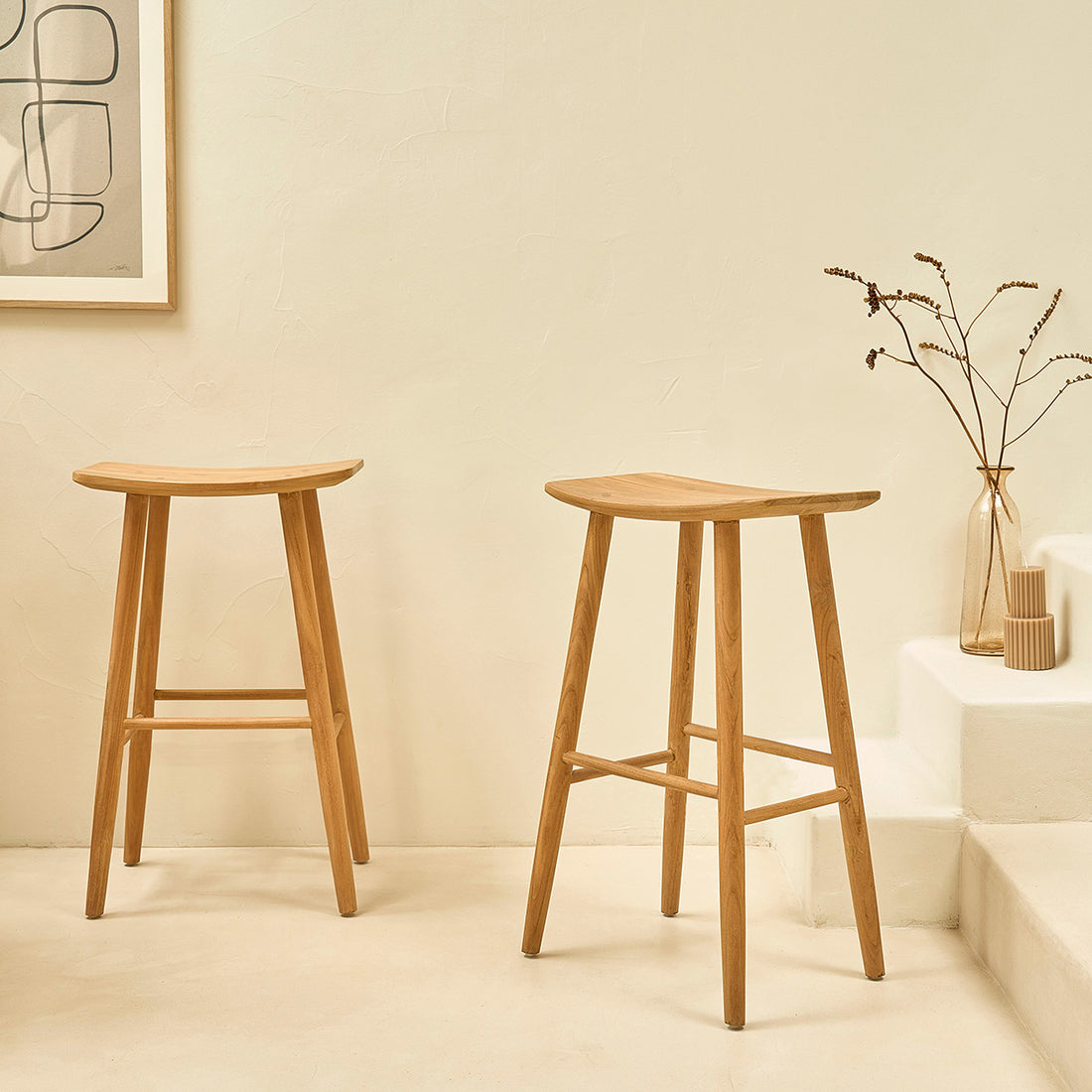 AMBRE - Juego de 2 taburetes de teca maciza de 75 cm